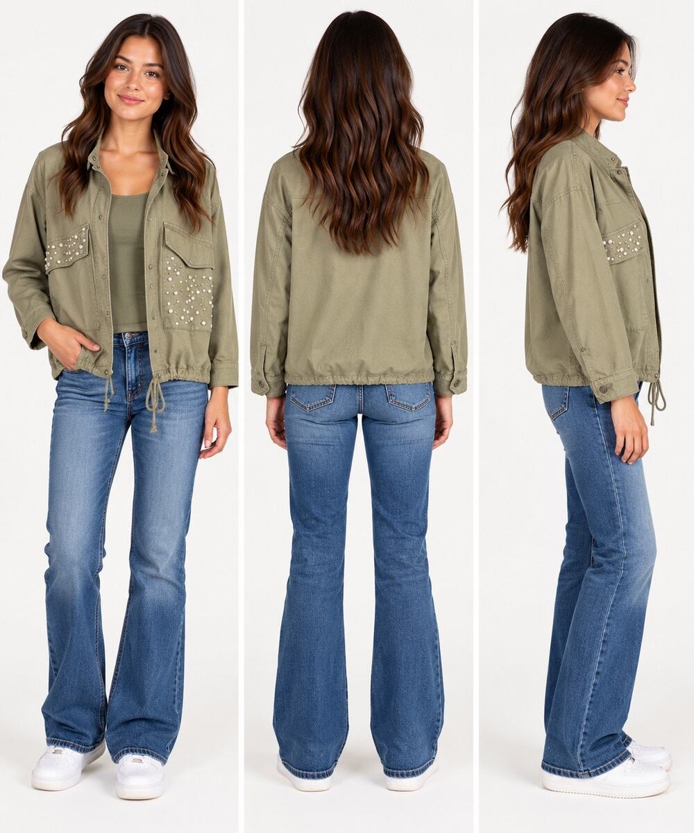 Maurices Womens Utility Cargo Jacket Feminine Pearl Bead Accent Green Medium